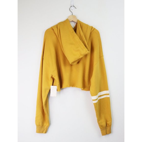 NWT Free People Baldwin Graphic Crop Hood Sweater Hoodie Sky Canary Yellow Large - Picture 8 of 10